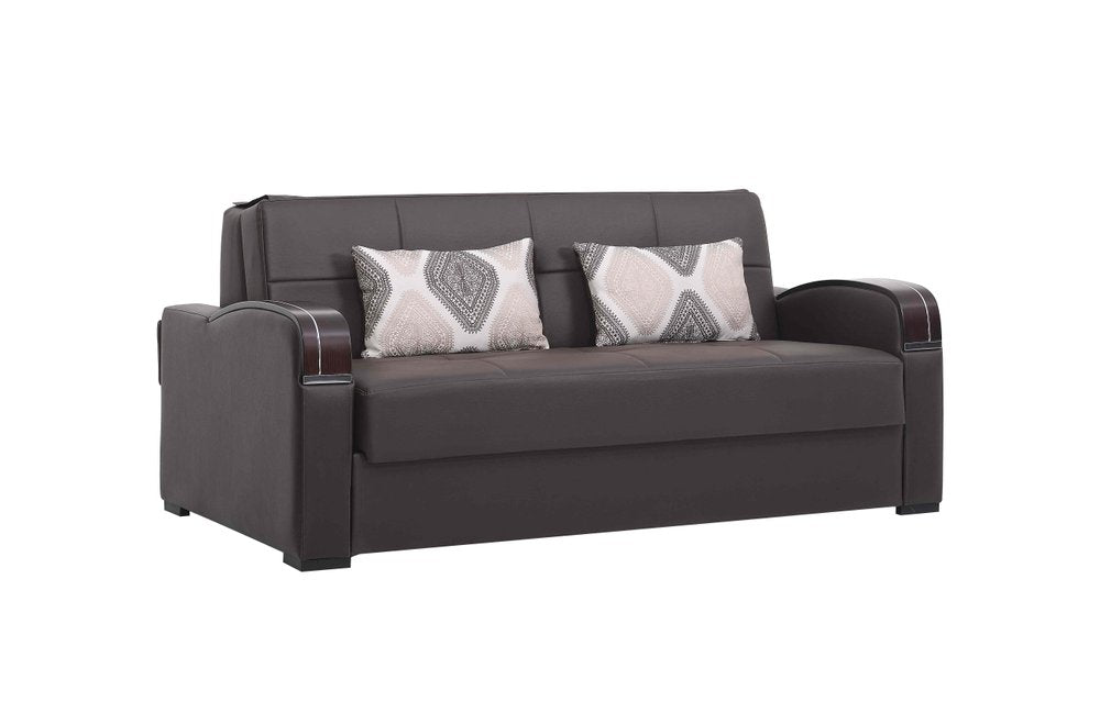 74" Brown Faux Leather Convertible Futon Sleeper Sofa And Toss Pillows With Storage