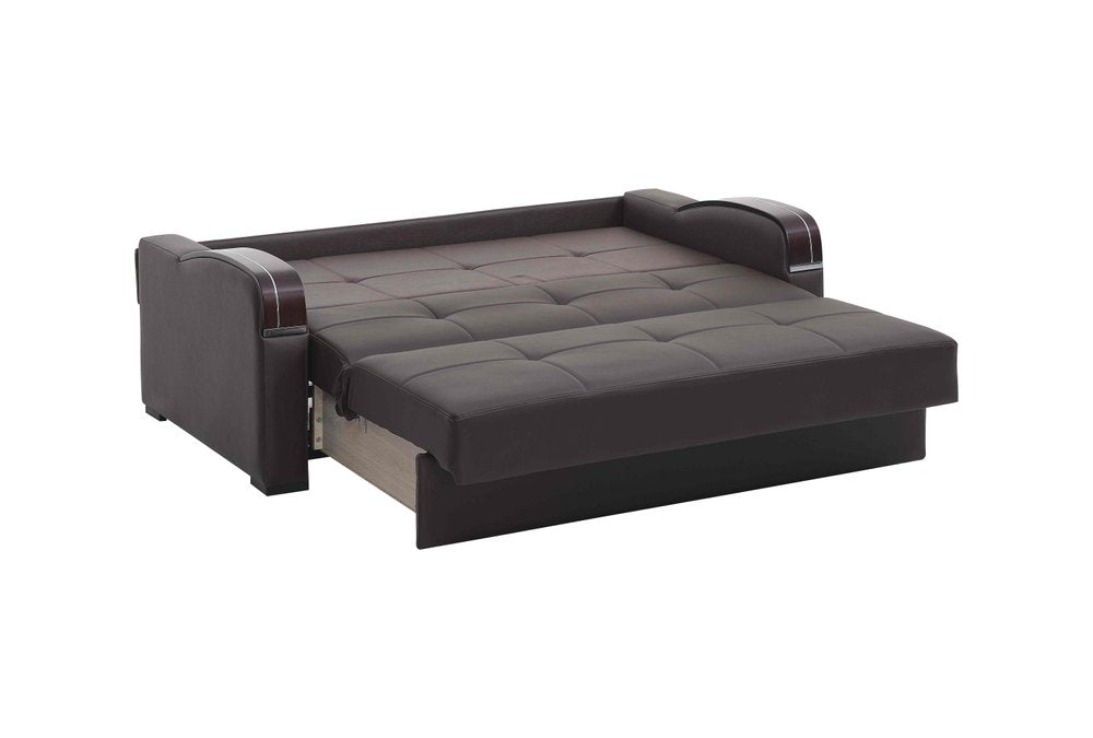 74" Brown Faux Leather Convertible Futon Sleeper Sofa And Toss Pillows With Storage