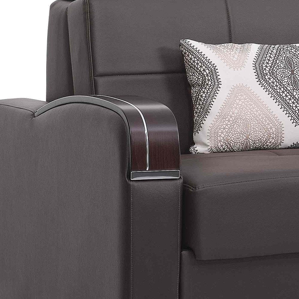 74" Brown Faux Leather Convertible Futon Sleeper Sofa And Toss Pillows With Storage