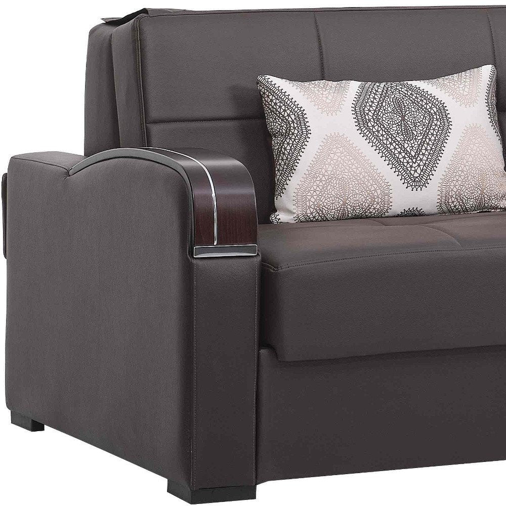 74" Brown Faux Leather Convertible Futon Sleeper Sofa And Toss Pillows With Storage
