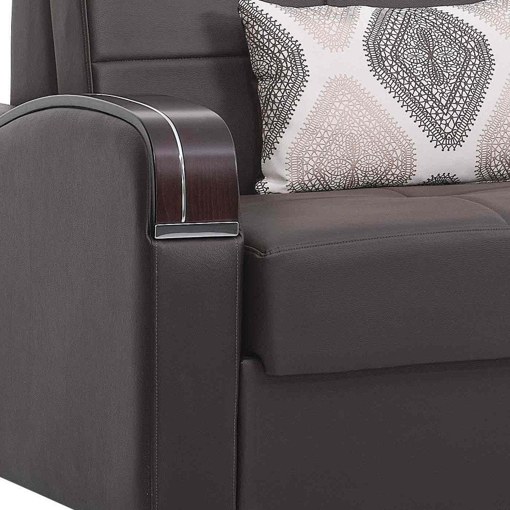 74" Brown Faux Leather Convertible Futon Sleeper Sofa And Toss Pillows With Storage