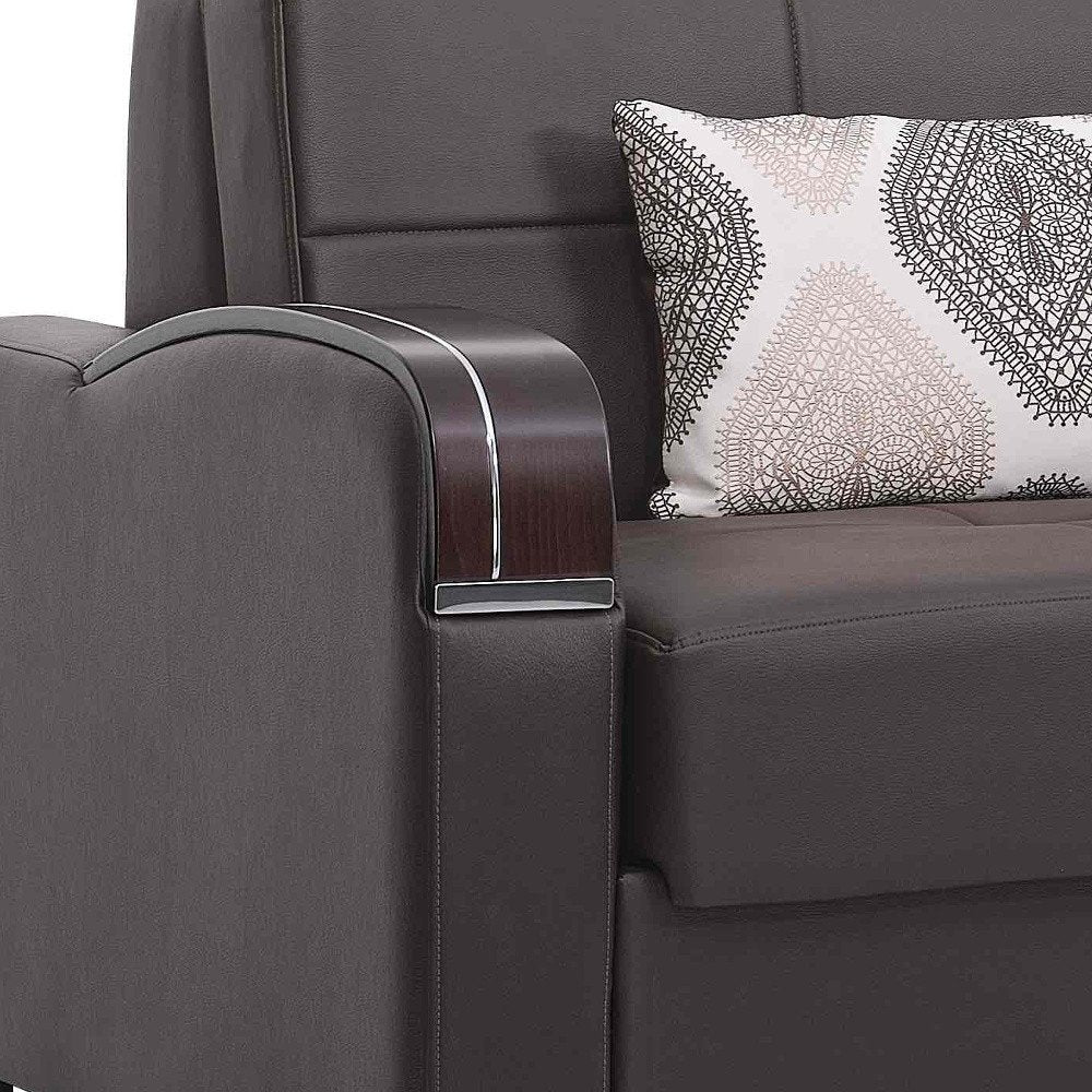 74" Brown Faux Leather Convertible Futon Sleeper Sofa And Toss Pillows With Storage
