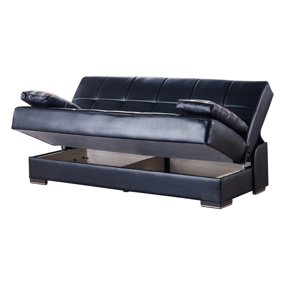 75" Black Faux Leather Convertible Futon Sleeper Sofa And Toss Pillows With Storage