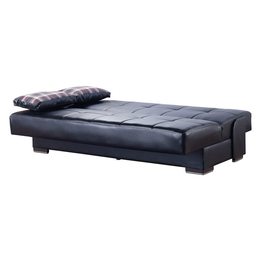 75" Black Faux Leather Convertible Futon Sleeper Sofa And Toss Pillows With Storage