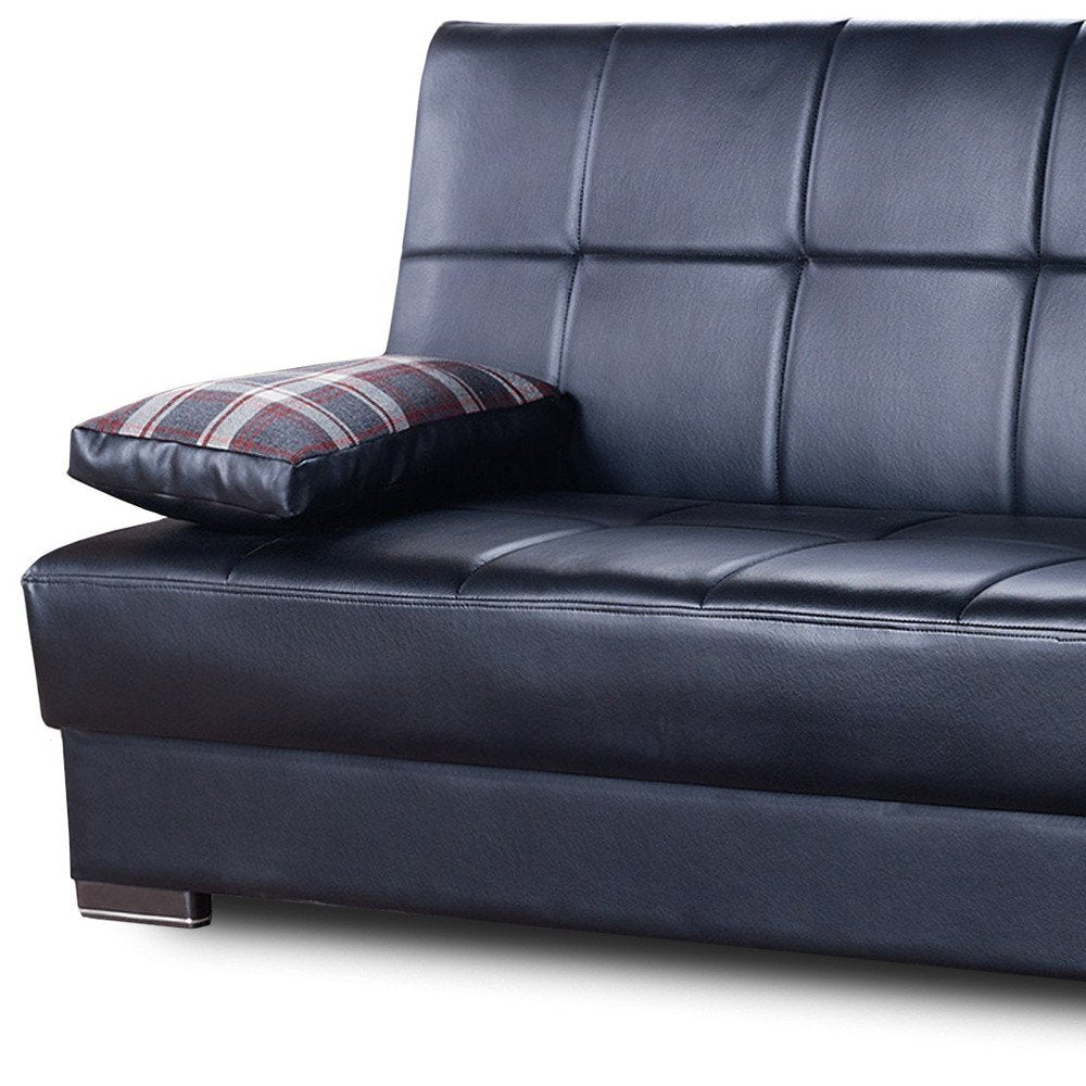 75" Black Faux Leather Convertible Futon Sleeper Sofa And Toss Pillows With Storage