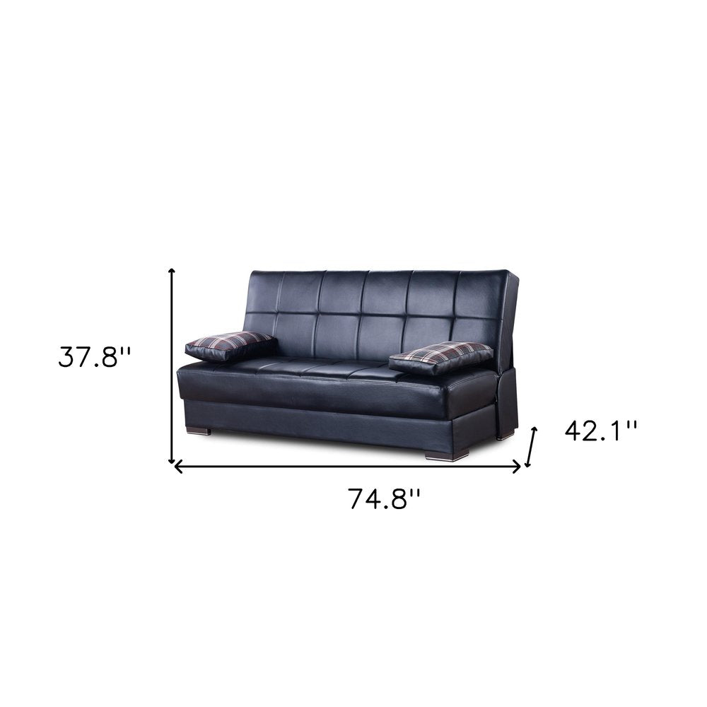 75" Black Faux Leather Convertible Futon Sleeper Sofa And Toss Pillows With Storage