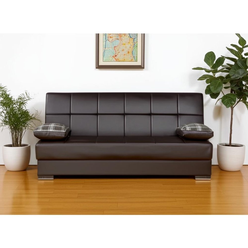 75" Brown Faux Leather Convertible Futon Sleeper Sofa And Toss Pillows With Storage