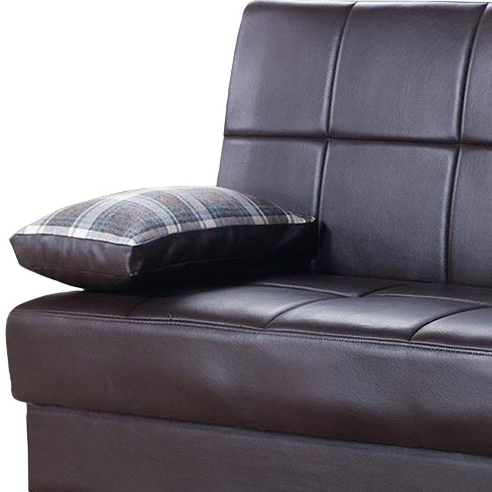 75" Brown Faux Leather Convertible Futon Sleeper Sofa And Toss Pillows With Storage