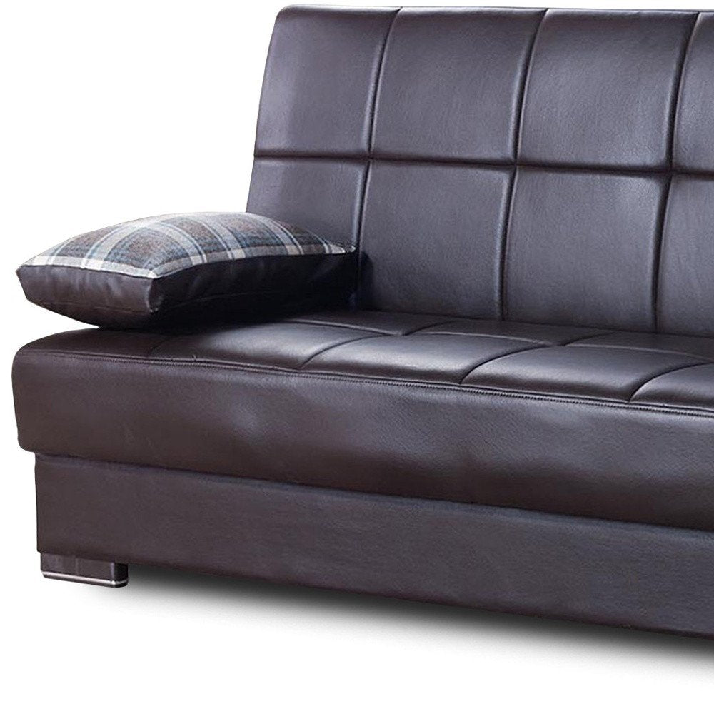 75" Brown Faux Leather Convertible Futon Sleeper Sofa And Toss Pillows With Storage