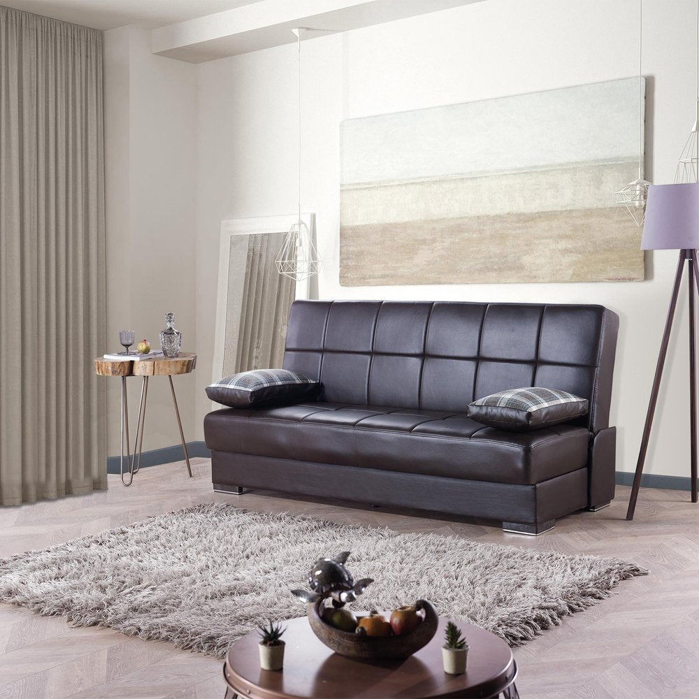 75" Brown Faux Leather Convertible Futon Sleeper Sofa And Toss Pillows With Storage