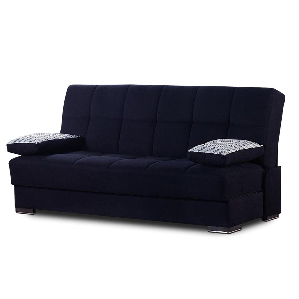 75" Black Chenille Convertible Futon Sleeper Sofa And Toss Pillows With Storage