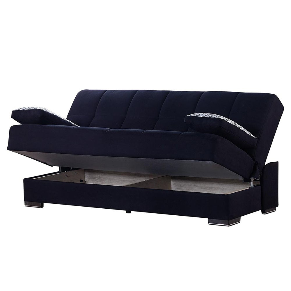75" Black Chenille Convertible Futon Sleeper Sofa And Toss Pillows With Storage