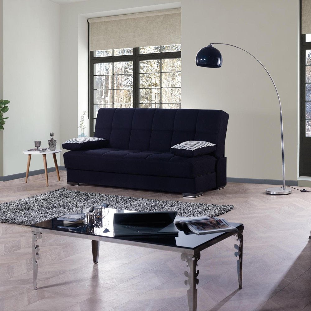 75" Black Chenille Convertible Futon Sleeper Sofa And Toss Pillows With Storage