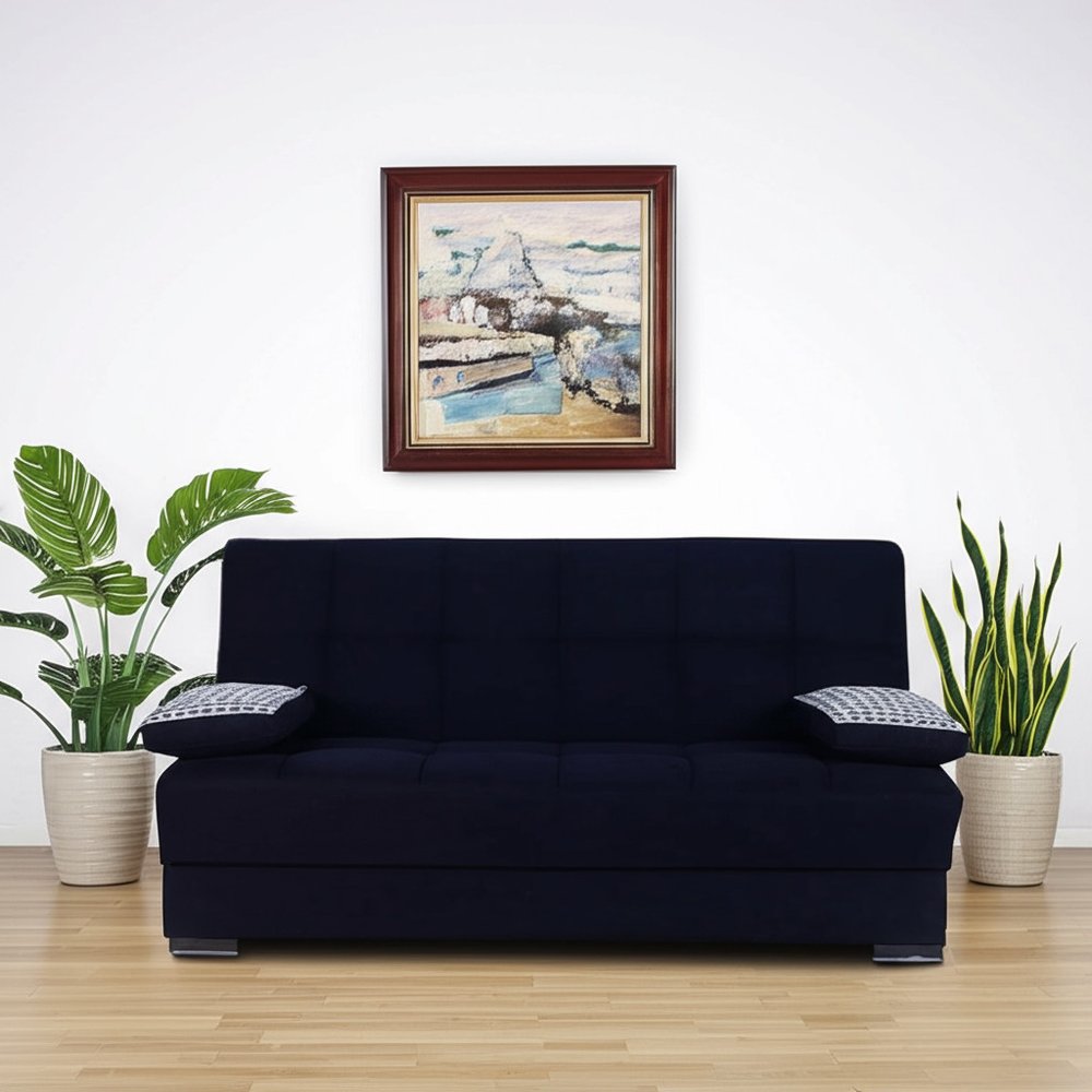75" Black Chenille Convertible Futon Sleeper Sofa And Toss Pillows With Storage