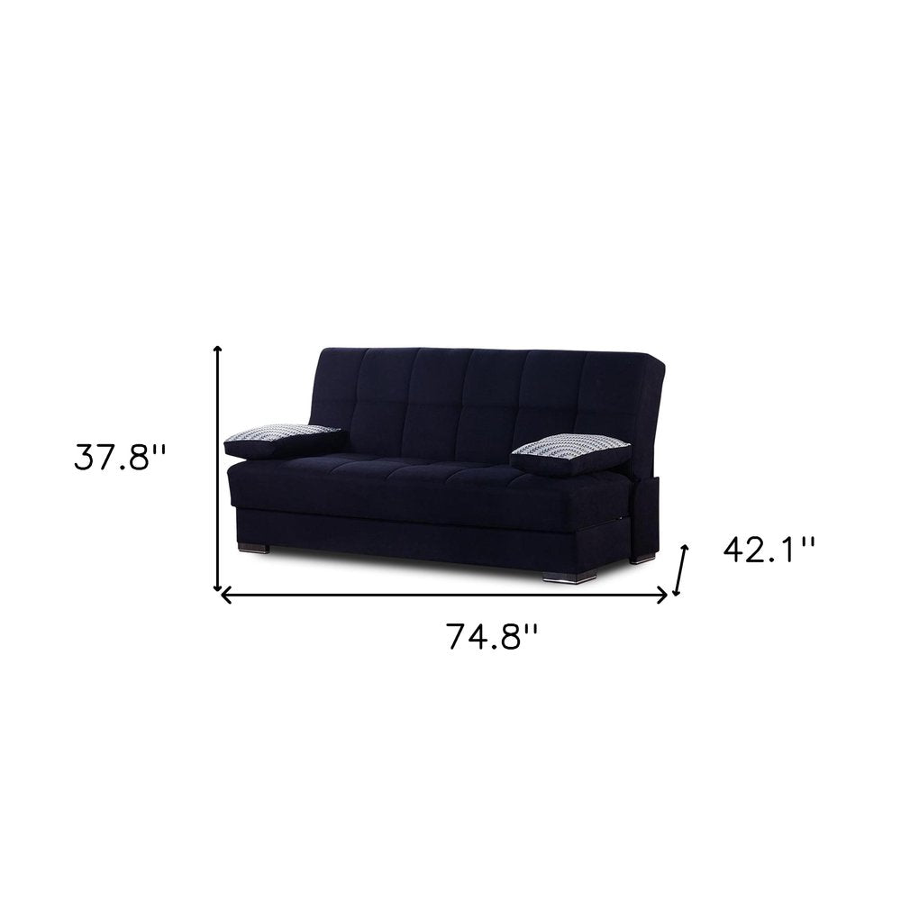 75" Black Chenille Convertible Futon Sleeper Sofa And Toss Pillows With Storage