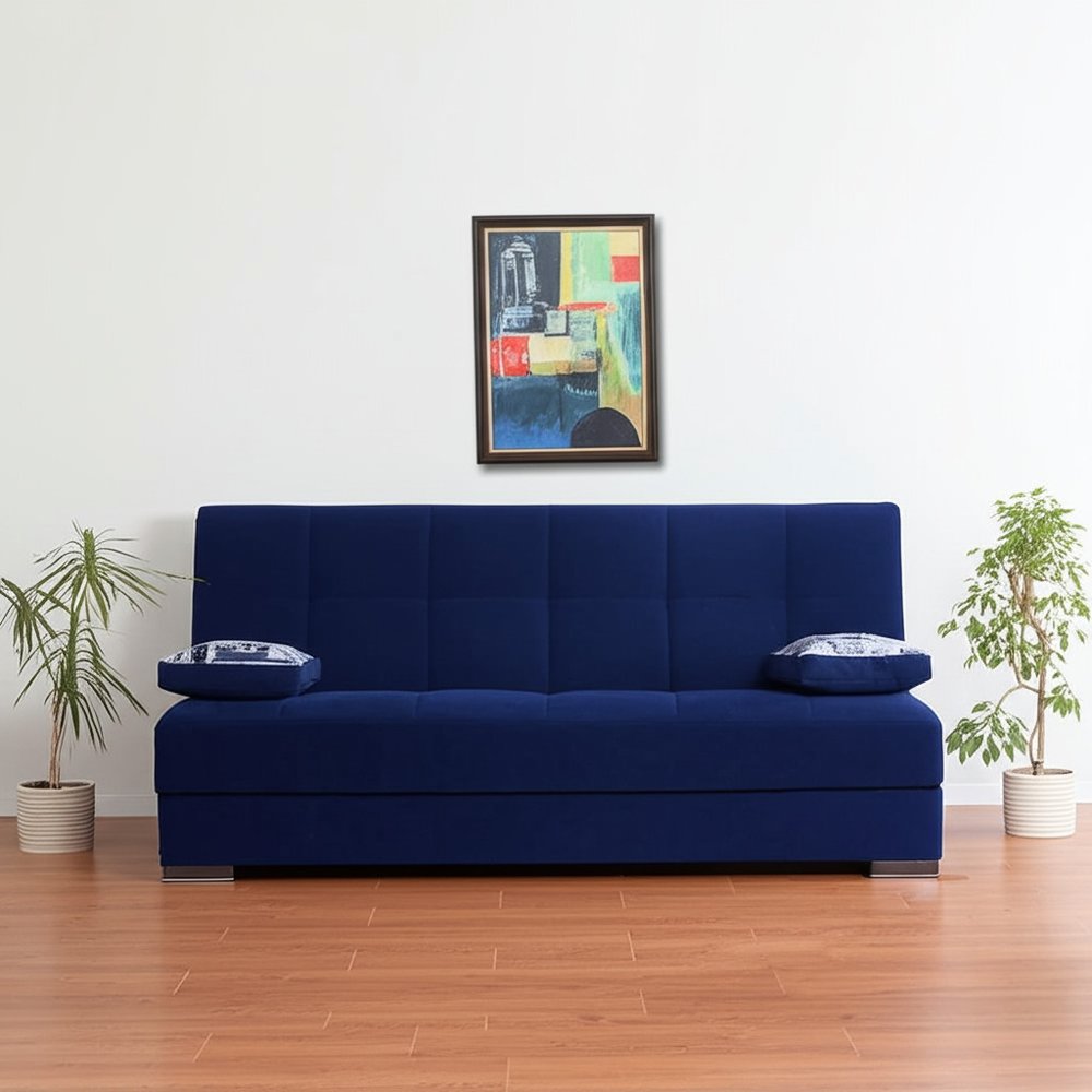 75" Blue Chenille Convertible Futon Sleeper Sofa And Toss Pillows With Storage