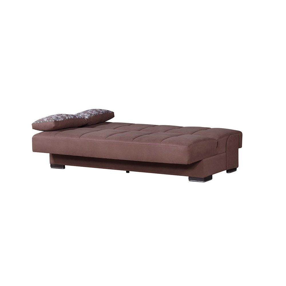 75" Brown Chenille Convertible Futon Sleeper Sofa And Toss Pillows With Storage