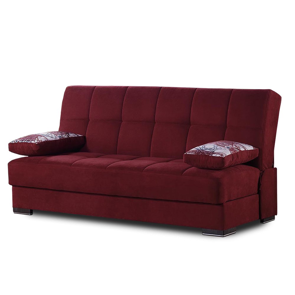 75" Burgundy Chenille Convertible Futon Sleeper Sofa And Toss Pillows With Storage