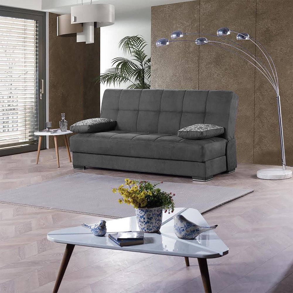 75" Gray Chenille Convertible Futon Sleeper Sofa And Toss Pillows With Storage