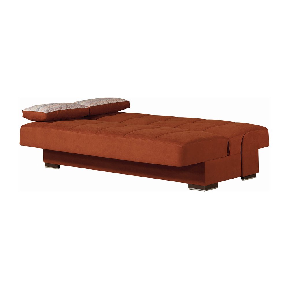 75" Orange Chenille Convertible Futon Sleeper Sofa And Toss Pillows With Storage
