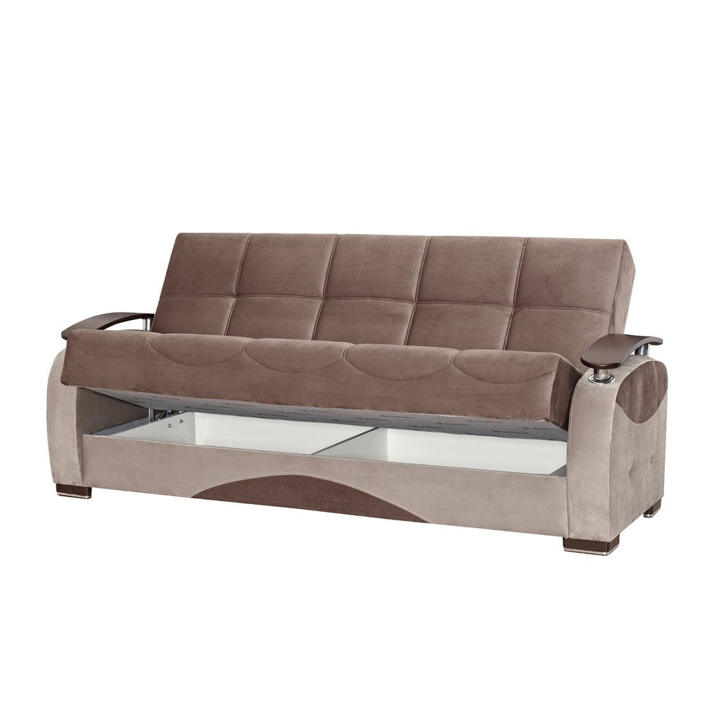 84" Brown Microfiber Convertible Futon Sleeper Sofa And Toss Pillows With Storage