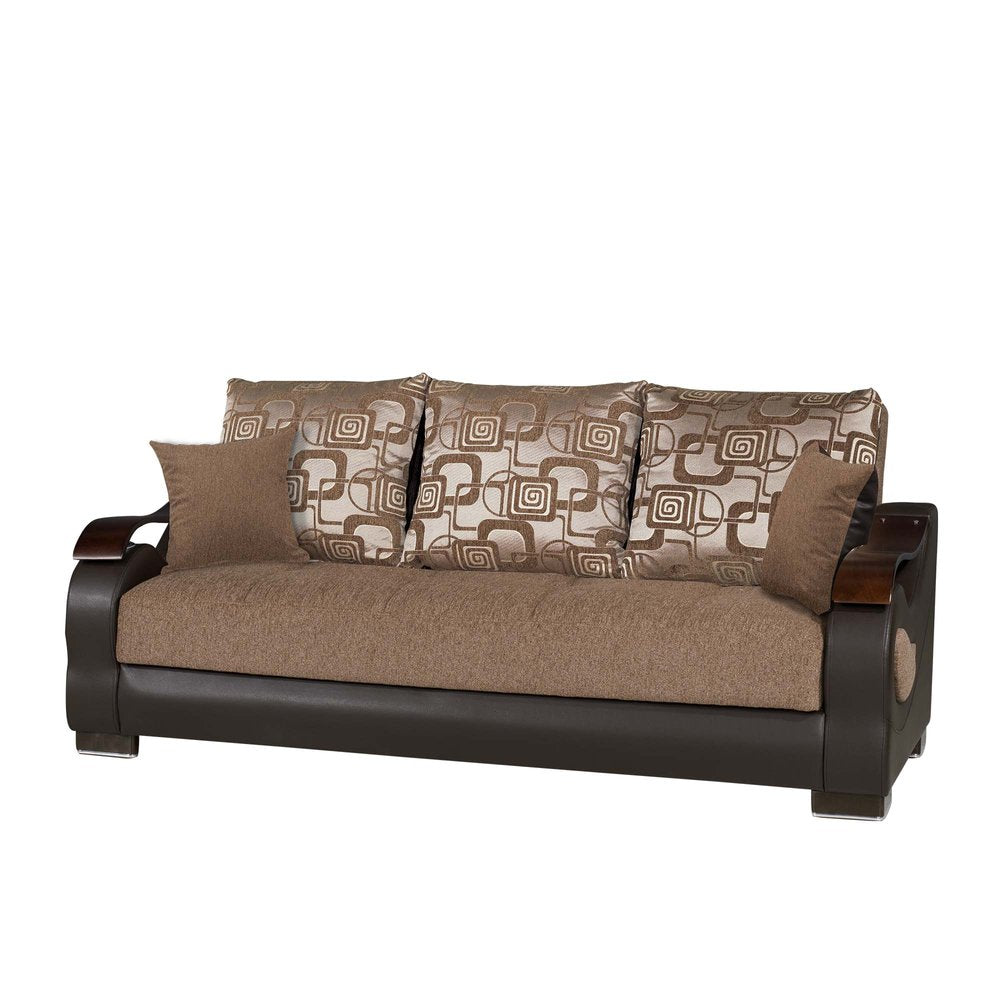 87" Brown Chenille Convertible Futon Sleeper Sofa And Toss Pillows With Storage