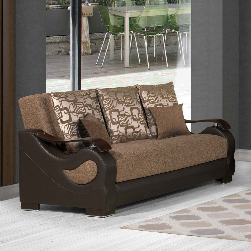 87" Brown Chenille Convertible Futon Sleeper Sofa And Toss Pillows With Storage