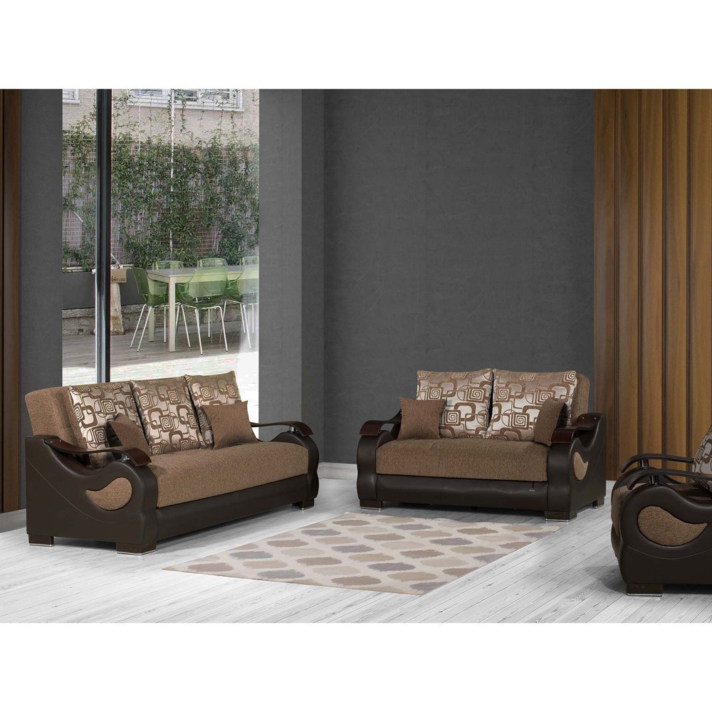 87" Brown Chenille Convertible Futon Sleeper Sofa And Toss Pillows With Storage