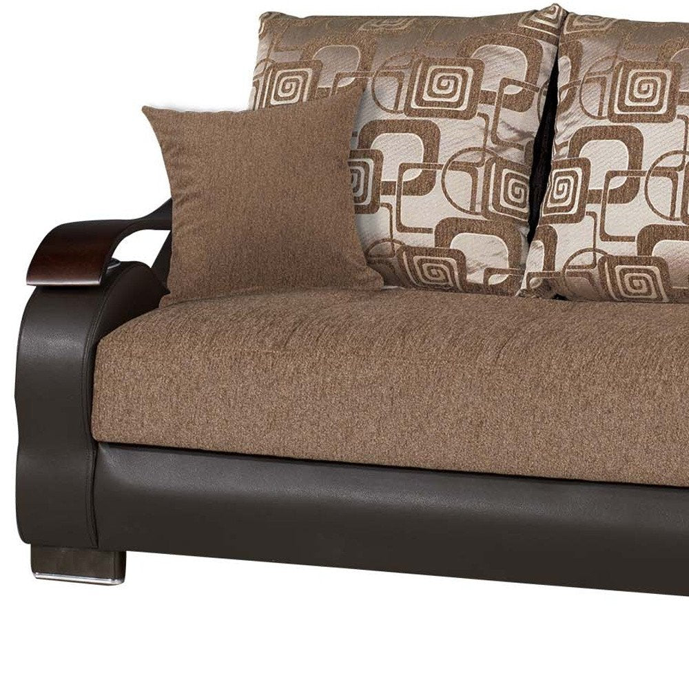 87" Brown Chenille Convertible Futon Sleeper Sofa And Toss Pillows With Storage