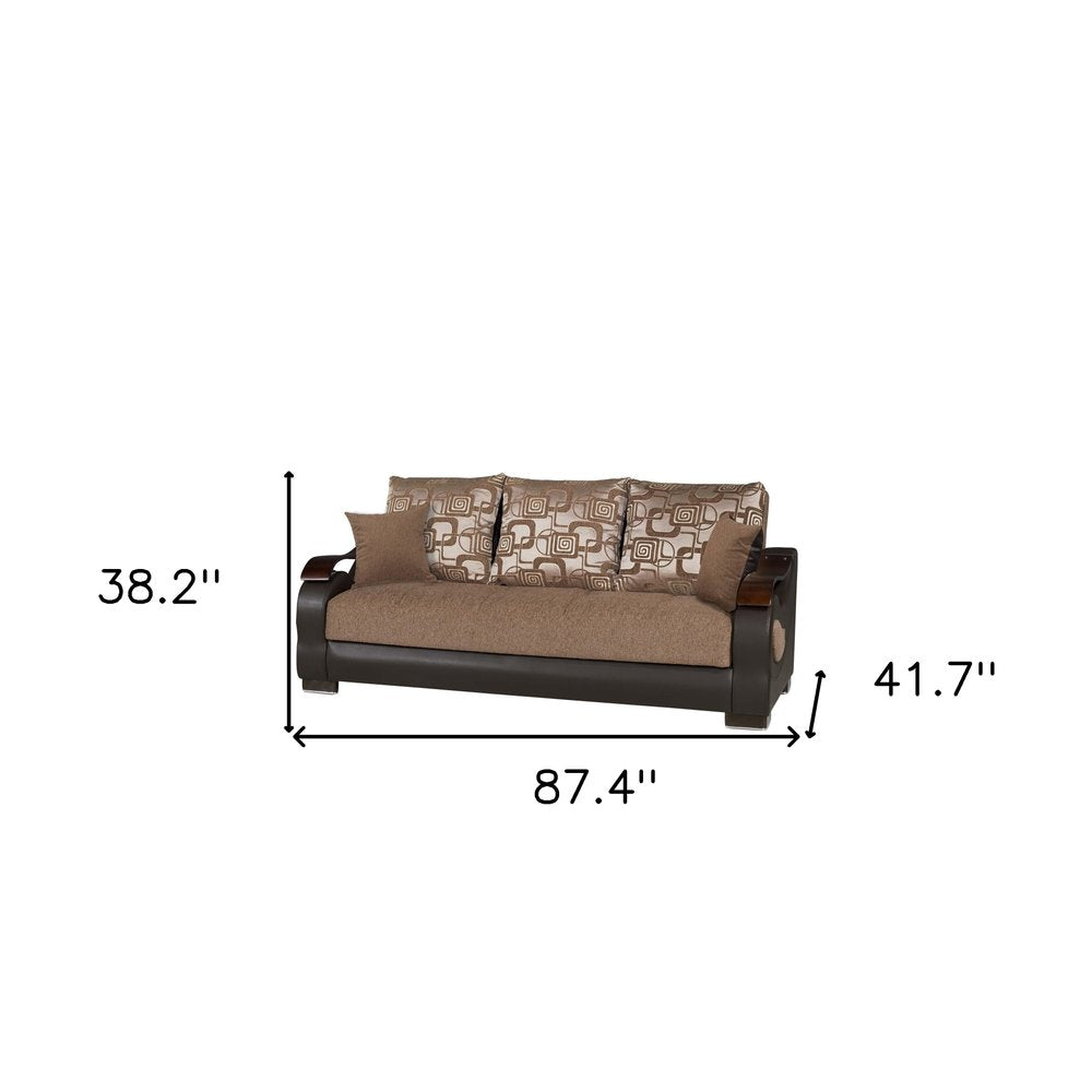 87" Brown Chenille Convertible Futon Sleeper Sofa And Toss Pillows With Storage