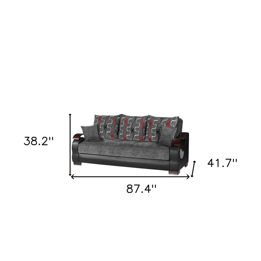 87" Gray Chenille Convertible Futon Sleeper Sofa And Toss Pillows With Storage