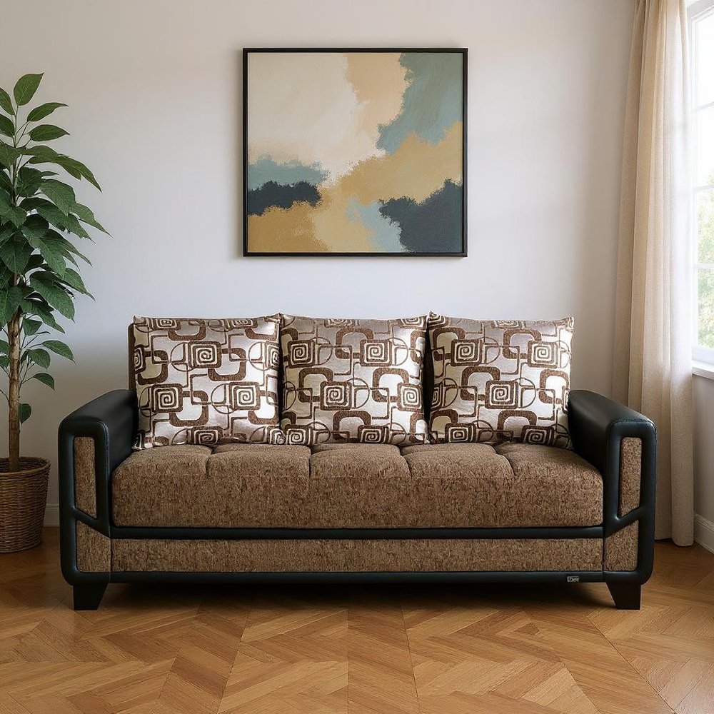 90" Brown Chenille Convertible Futon Sleeper Sofa And Toss Pillows With Storage