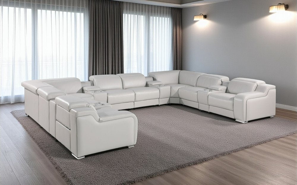 Light Gray Italian Leather Power Reclining U Shaped Twelve Piece Corner Sectional With Console