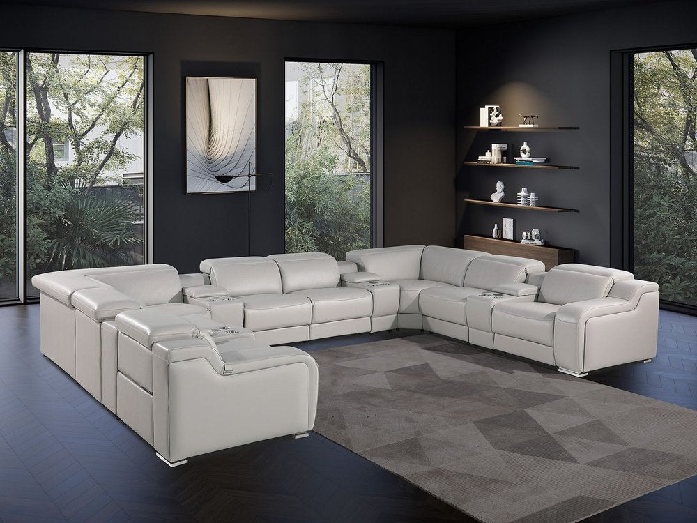 Light Gray Italian Leather Power Reclining U Shaped Twelve Piece Corner Sectional With Console