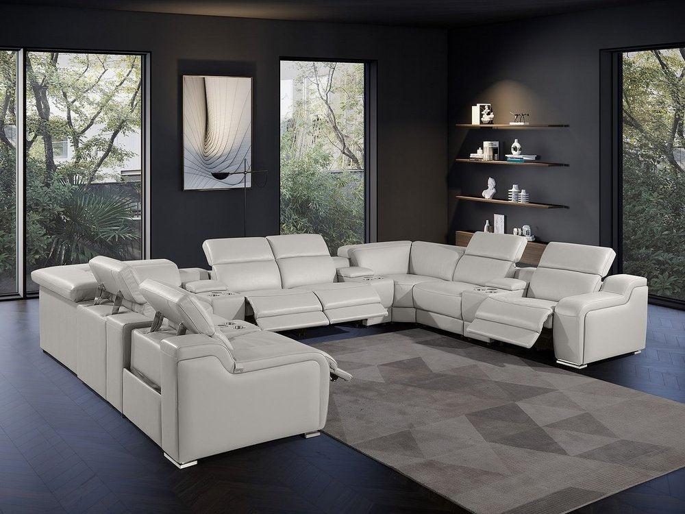 Light Gray Italian Leather Power Reclining U Shaped Twelve Piece Corner Sectional With Console