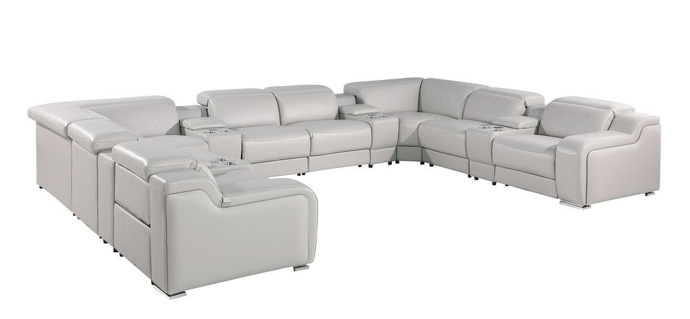 Dark Gray Italian Leather Power Reclining U Shaped Twelve Piece Corner Sectional With Console