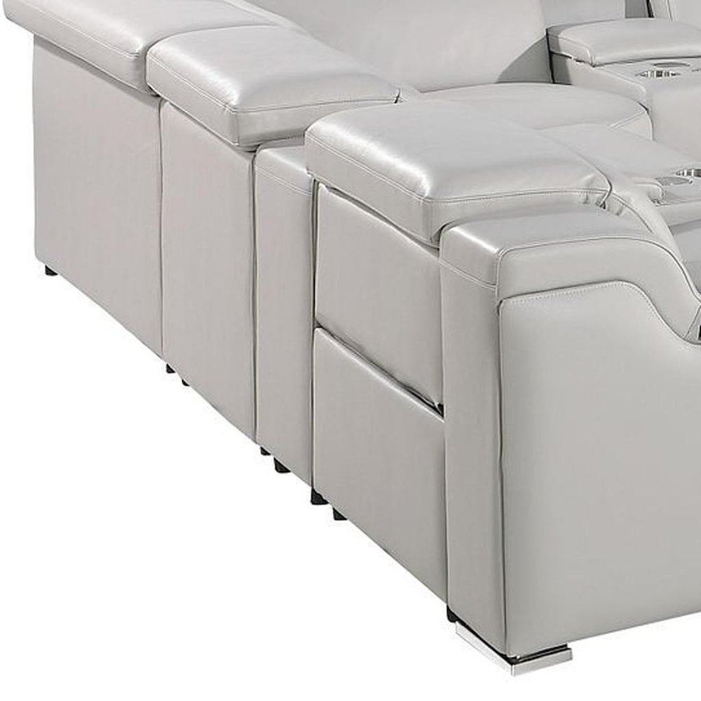 Light Gray Italian Leather Power Reclining U Shaped Twelve Piece Corner Sectional With Console