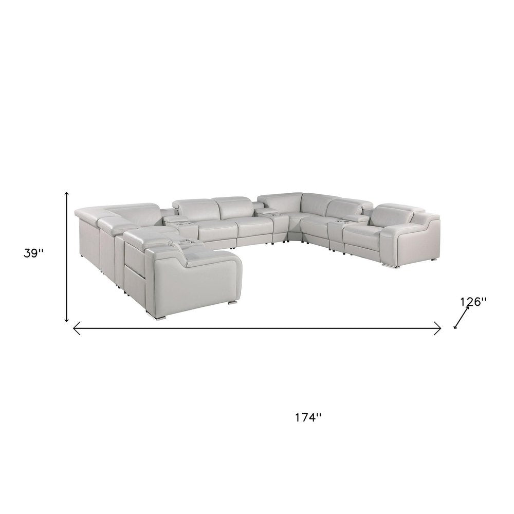 Light Gray Italian Leather Power Reclining U Shaped Twelve Piece Corner Sectional With Console