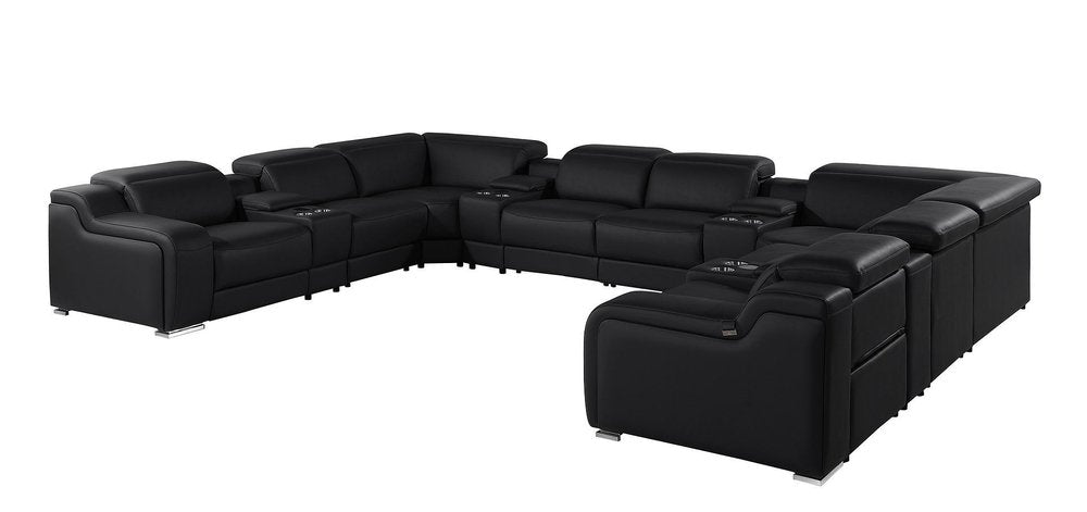 Dark Gray Italian Leather Power Reclining U Shaped Twelve Piece Corner Sectional With Console