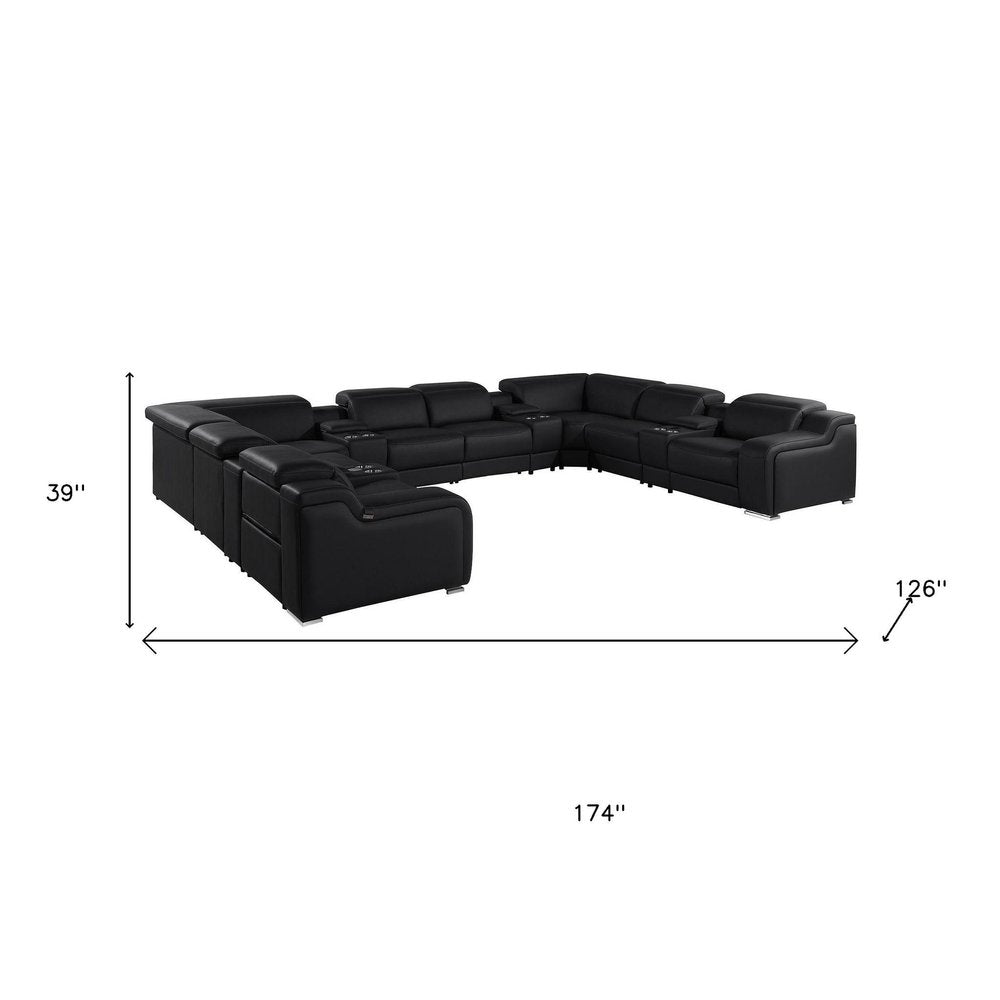 Light Gray Italian Leather Power Reclining U Shaped Twelve Piece Corner Sectional With Console