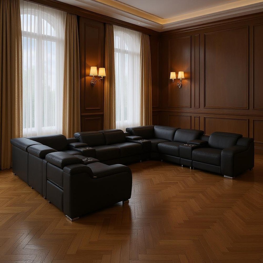 Light Gray Italian Leather Power Reclining U Shaped Twelve Piece Corner Sectional With Console