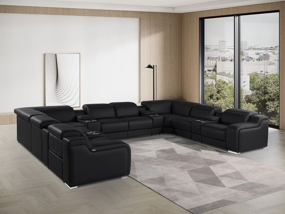 Dark Gray Italian Leather Power Reclining U Shaped Twelve Piece Corner Sectional With Console