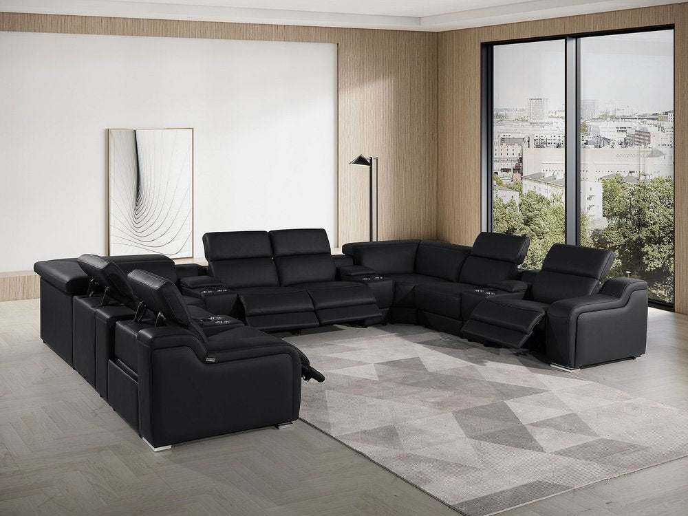 Black Italian Leather Power Reclining U Shaped Twelve Piece Corner Sectional With Console