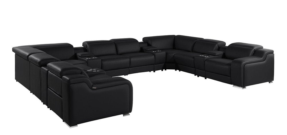 Dark Gray Italian Leather Power Reclining U Shaped Twelve Piece Corner Sectional With Console
