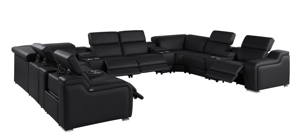 Light Gray Italian Leather Power Reclining U Shaped Twelve Piece Corner Sectional With Console