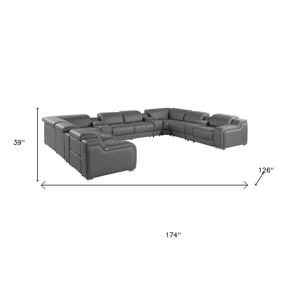 Dark Gray Italian Leather Power Reclining U Shaped Twelve Piece Corner Sectional With Console