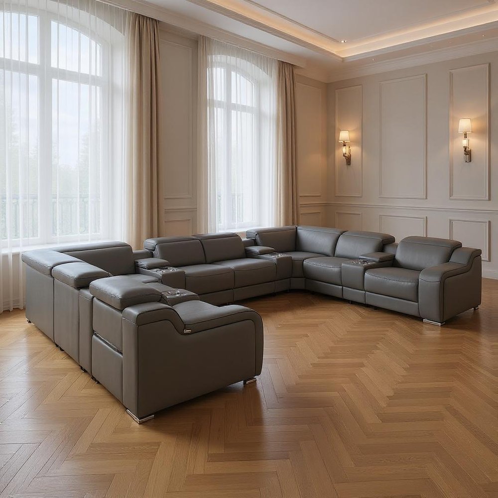 Light Gray Italian Leather Power Reclining U Shaped Twelve Piece Corner Sectional With Console
