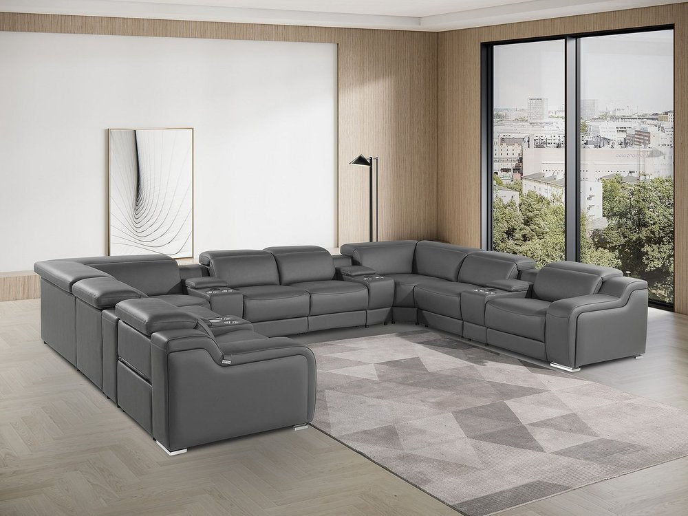 Light Gray Italian Leather Power Reclining U Shaped Twelve Piece Corner Sectional With Console