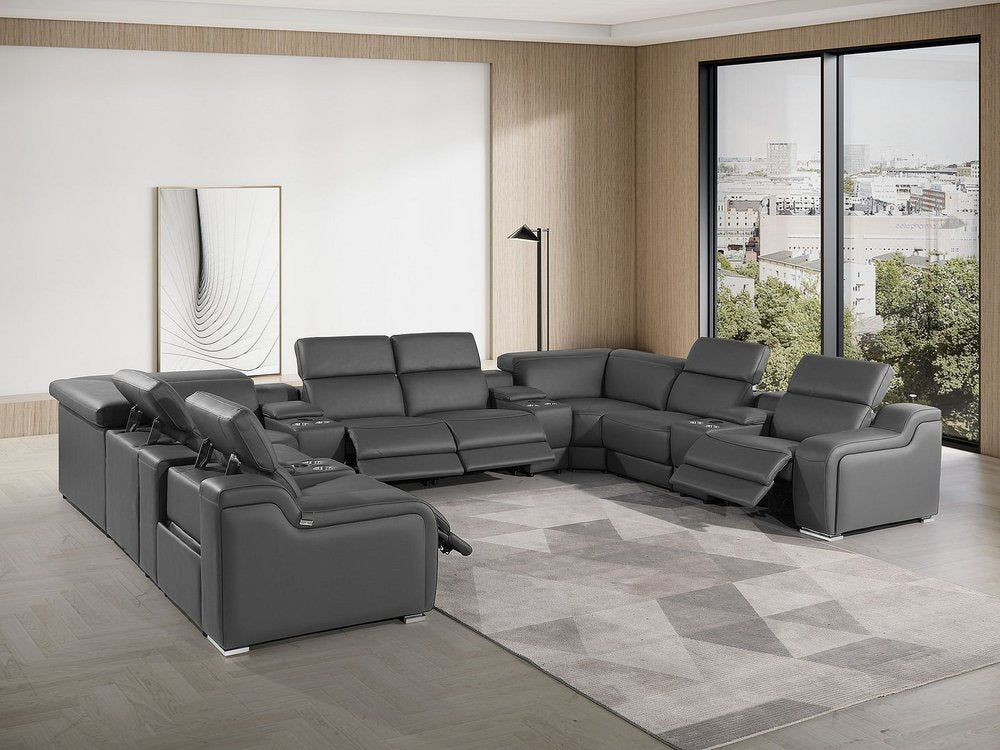 Light Gray Italian Leather Power Reclining U Shaped Twelve Piece Corner Sectional With Console