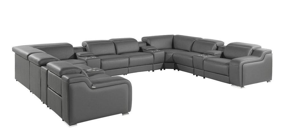 Light Gray Italian Leather Power Reclining U Shaped Twelve Piece Corner Sectional With Console